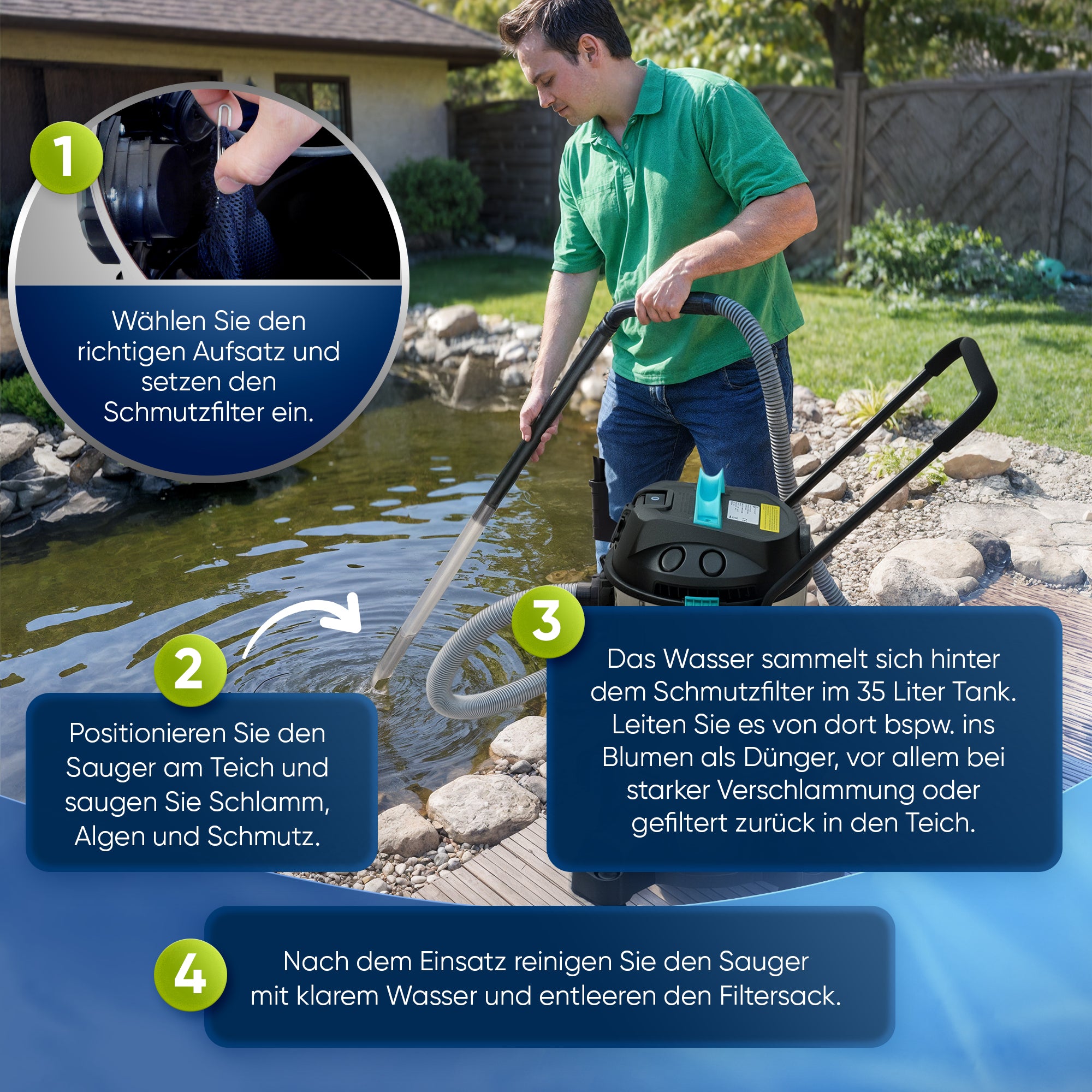 Teichsauger 1200W – Schlammsauger, Wassersauger & Pumpe 35L
