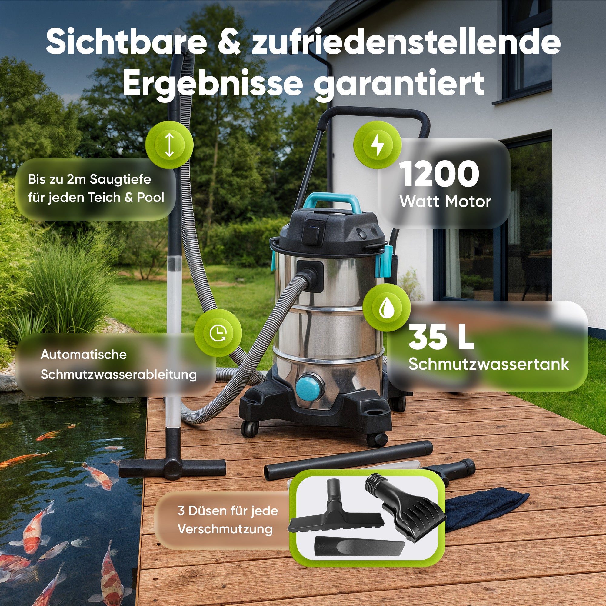 Teichsauger 1200W – Schlammsauger, Wassersauger & Pumpe 35L